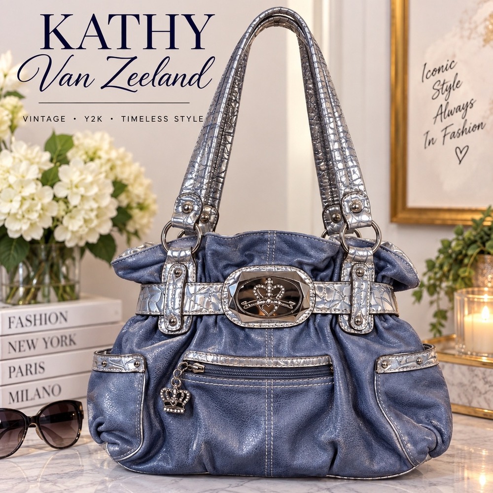 Vintage Y2K Kathy Van Zeeland Blue Silver Metallic Shoulder Bag Crown McBling
